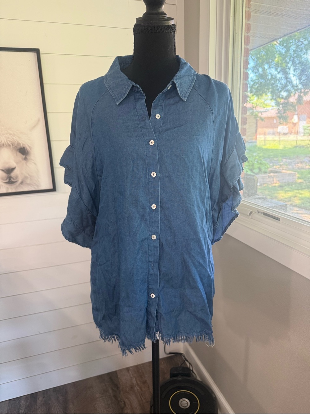 Umgee Blue Solid Collared Button-Up Top Ruffle Short Sleeve Fringe Hem L
